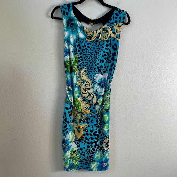 Cache Womens Medium Blue Floral Leopard Print Sleeveless Sheath Dress Chain Belt - Picture 8 of 12